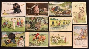 Collection of various golfing, fishing, tennis hunting and animal related postcards from the early