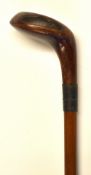 Light stained Sunday golf walking stick - fitted with golf club putter handle, slight indent to