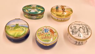 5x enamel boxes with golfing designs – incl Bilston and Battersea Enamels ‘The first green at St