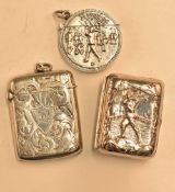 Sterling Silver embossed golfer design vesta case of round form with hinged lid with a hinged