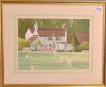 Norman Berisford 2011 Cricket Scene Watercolour painting with pub to background, framed measures