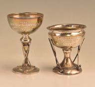 Two hallmarked silver golfing trophies with crossed clubs design, one engraved to front ‘Durham Golf