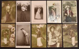 Collection of 46x early assorted women golfer real photo postcards – various poses and designs