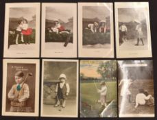 Selection of early children golfing related postcards (8) – incl photo examples, 4 postally used,