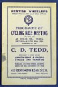 Cycling - 1926 Kentish Wheelers Programme at Herne Hill dated 12th June appears overall in G