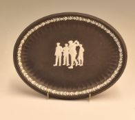 Wedgwood Black Jasperware Golfer Oval Plate with 4 golfers to front and laurel leaf border, width