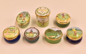 7x enamel boxes with golfing designs to include two Crummels boxes ‘Gieves & Hawkers’ and ‘Bob