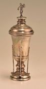 Hallmarked silver golf lidded cup with 4 club design to body with plain lid with golfer finial,