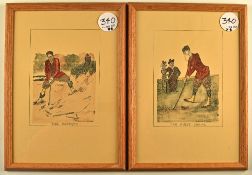 Set of 4x Edmund G Fuller hand coloured humorous golf prints - each with annotations and framed