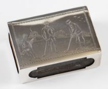 Silver Matchbox Cover hallmarked Chester 1921, having engraved period golf scene to top, length 7.