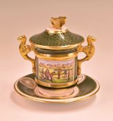 Late Spode “Antique Golfing Scenes” series ceramic chocolate cup, saucer and lid taken from early