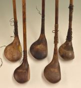 5x assorted socket head woods – 2x drivers, 2x brassies and a spoon – all with various grips