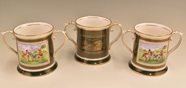 3x Spode Ceramic Antique Golfing Scene Twin Handled Tankards each having golfing scene taken from an