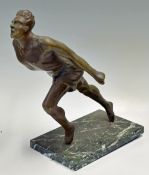 Large early 20th century Bronze Figure of Male Athlete Lunging over the Finish Line mounted on