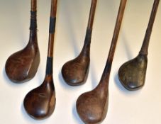 Selection of various size socket neck golf club woods (5) – James Braid driver, W Law Edinburgh