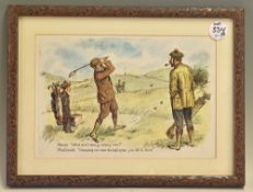 Set of Six Humorous Coloured Golfing prints by artist R Bailey– all with annotations and including