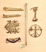 Golfing brooch selection (7) – incl silver and marquisette Hole in One, hallmarked silver and enamel