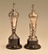 Two hallmarked silver lidded golfing trophies both having golf design to bodies with golfer design