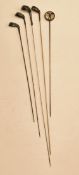 Group of 5 silver topped golf hat pins 4 of golf club design, 3 hallmarked and one stamped Silver (