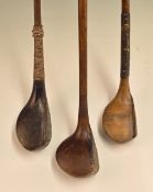 3x scare/socket woods - J Morris scare read brassie with leather face insert; J Hartley scare neck