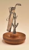 Hallmarked silver hatpin stand and ring holder in the form of a golf bag leaning against a tree