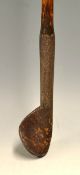 Extremely early 19thc blacksmith made curved face heavy track iron – very sturdy thick oversize 5.
