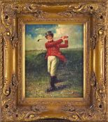 Golf Oleograph on board – of 1820s period golfer wearing red tails at the finish of his swing