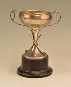 Hallmarked silver golf trophy with shaped handles with two golf clubs to stem, hallmarked Birmingham
