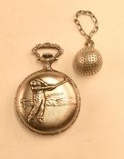 Orisa white metal pocket watch with golfing scenes design to front and back, with 17 jewel inca bloc