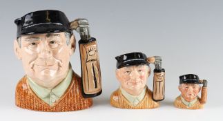 Graduating Set of 3 Royal Doulton ‘Golfer’ Character Jugs largest D6623, D6756, D6757, all in good