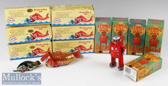 Boxed Modern Tin Plate Toys 5x Schylling Collector Series Atomic Robot Man and 6x Mechanical Whale