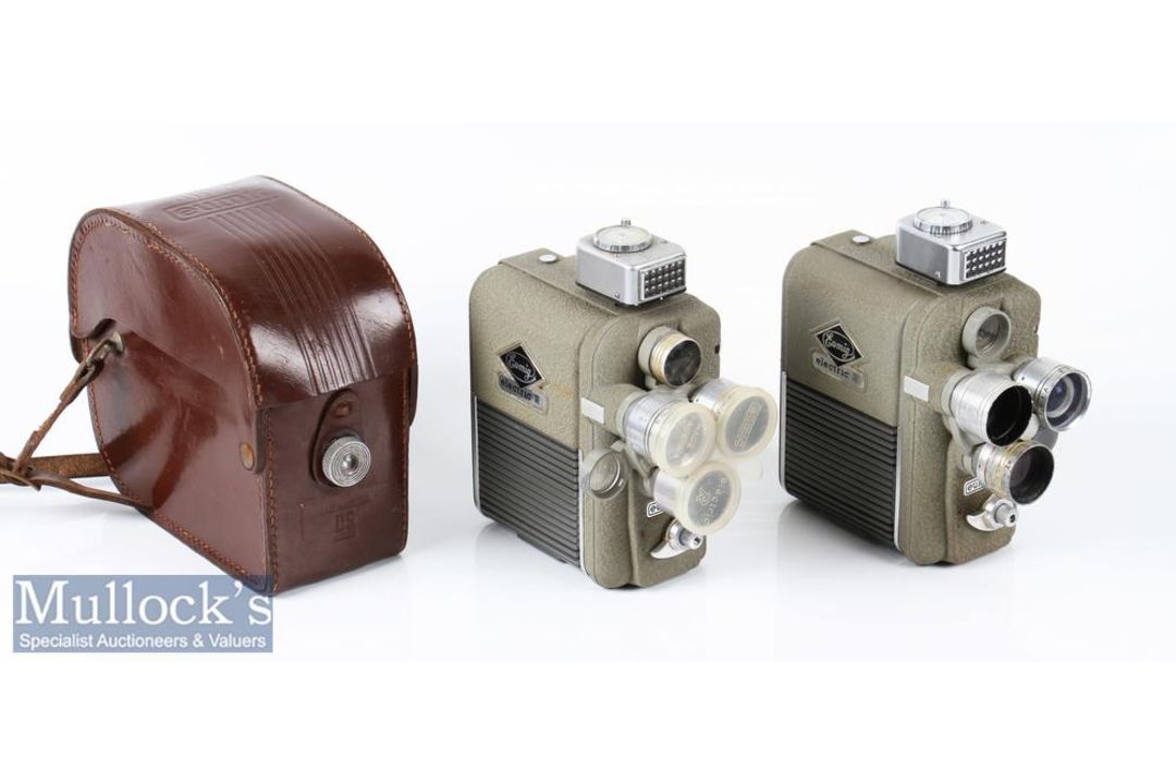 2x Eumig Electric R Treble Turrett cine cameras 8mm one with leather case, plus one plastic lens