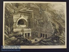 India - Buddhist Rock-Cut Temple, Ajunta 1876 original engraving with text information to reverse,