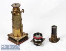 Kodak Aero Ektar 7” f-2.5 camera lens marked 2.5 4 5.6 8 11 16, together with a large brass lens