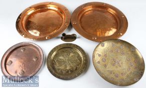Arts & Crafts Metalware Selection – incl 2x copper chargers with hooks to rear stamped ‘Lombard’,