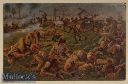 WWI Indian Military Postcard comic postcard showing Sikh regiments charging the German trenches