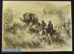 India - Nepal - Two original engravings Hunting a Wild Elephant 34x25cm and Royal Party Chased by