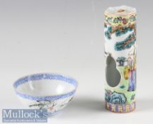 20th century Chinese Porcelain Bird Feeder with enamelled figural design with openings to front