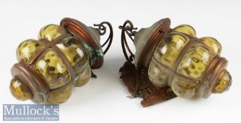 Two Vintage Marine Style Wall Lights with copper mount and frames with coloured glass shades