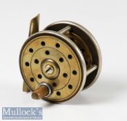 Interesting A W Gamage Holborn 2 3/8” ebonite, nickel and brass fly reel with ebonite plate,