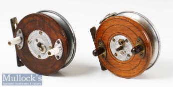 2x Wood brass and alloy centre pin reels measuring 3 ½” dia’ one with a line guide, with brass strap