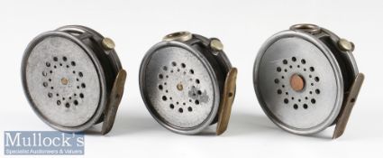 Hardy Bros England perfect alloy fly reels sizes include 3 3/8” x2 and a 3 1/8” all with brass