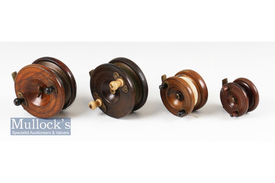 4x Various wood and brass Nottingham reels to include 2x star back 4” reels, a 3” strap back and a 2 - Image 1 of 2