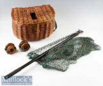 Fine English large pot-bellied wicker fishing creel, reels and Hardy Bros landing net (6) – good