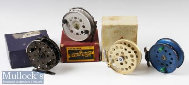 4x Centre pin reels to include 4” Belaco marked in very good condition together with a Strike