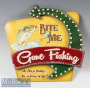 Modern ‘Bite Me - Gone Fishing’ 3D sign measures 35x35cm approx.