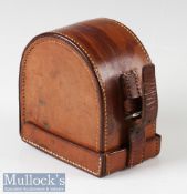 Leather D block reel case appears unnamed internally measures 3.25” length, 1.25” width, some