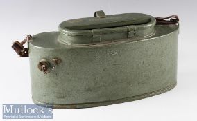Fishing bait box/tin with ‘Elsner Zug’ to back, with leather strap, measures 40x15x17cm approx,
