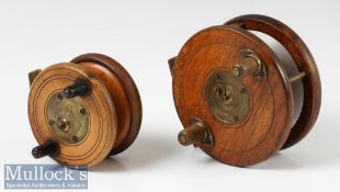 2x Wood and brass centre pin reels measuring 4” reel with alloy rear flange, twin handles, line
