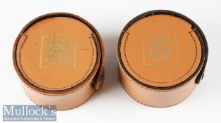 Hardy Bros leather reel cases both with button press closure, internally up to 3 ¾” reel both in